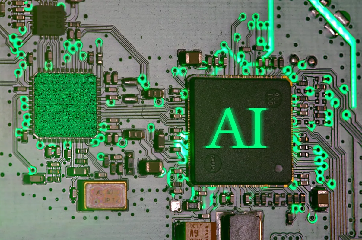 Glowing AI chip mounted on a circuit board, macro photograph